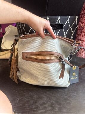Moda Luxe Cream and Brown Shoulder Bag with Tassel